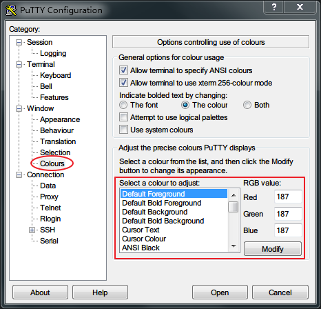 PuTTY Set Color